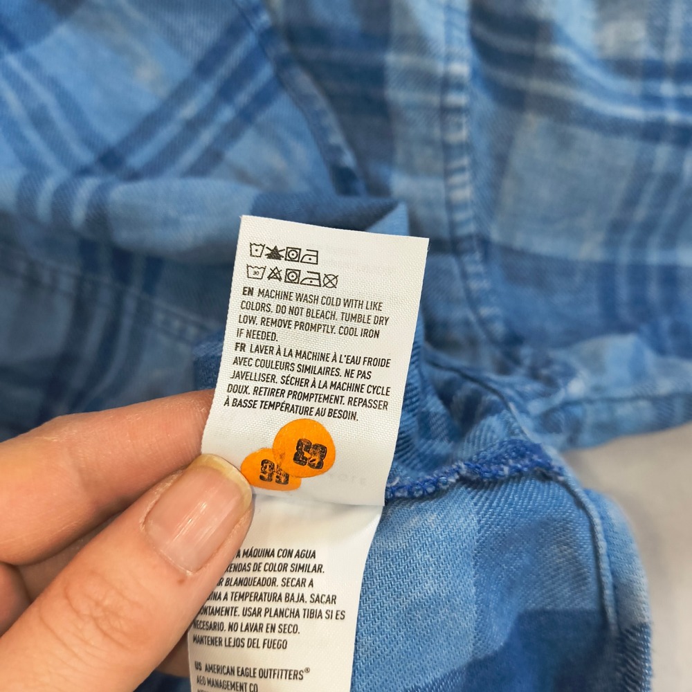 American Eagle Hooded Plaid Flannel Shirt SP Blue Button Up Hoodie Top - Picture 14 of 16